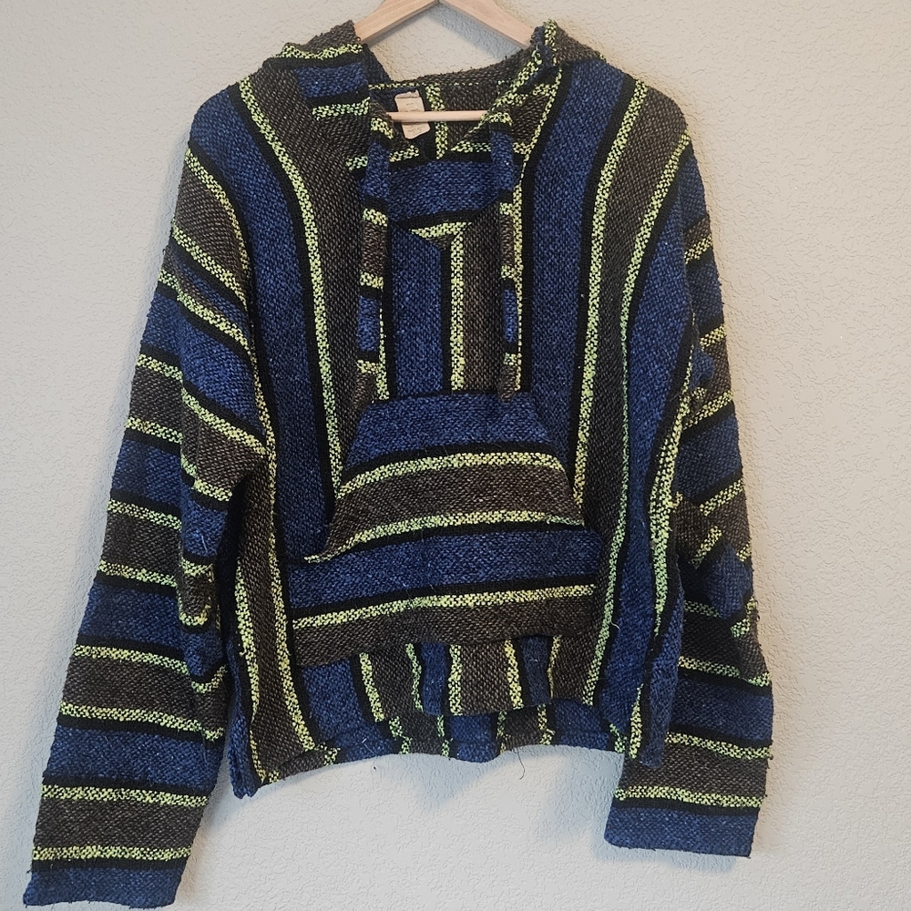 Molina Mexican Baja Hoodie | Blue & Lime Green | Size M | Made in Mexico